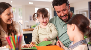 A family of four sitting around a table and crafting together